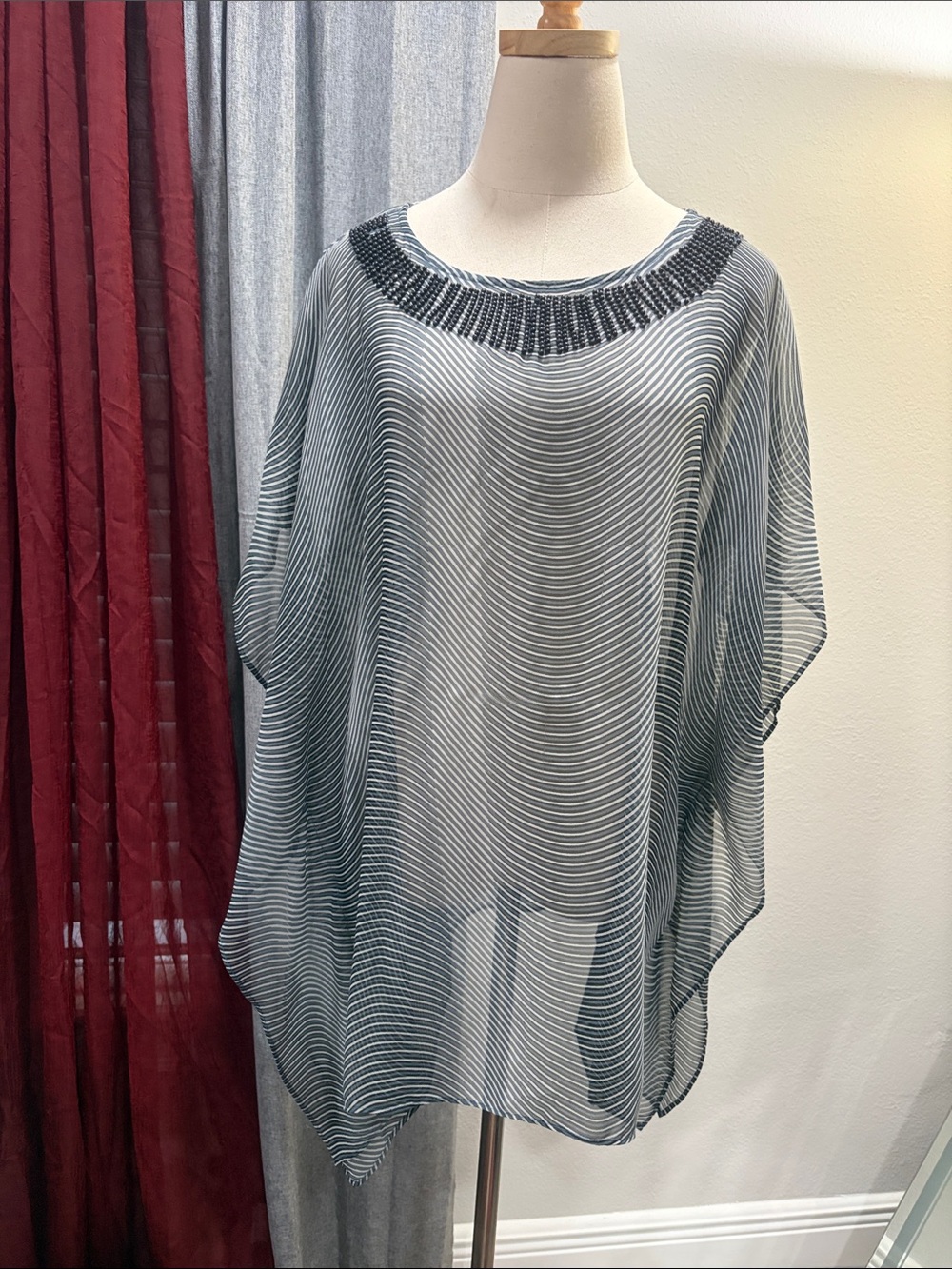 Chico's Sheer Striped Tunic with Beaded Neckline - Gray and White